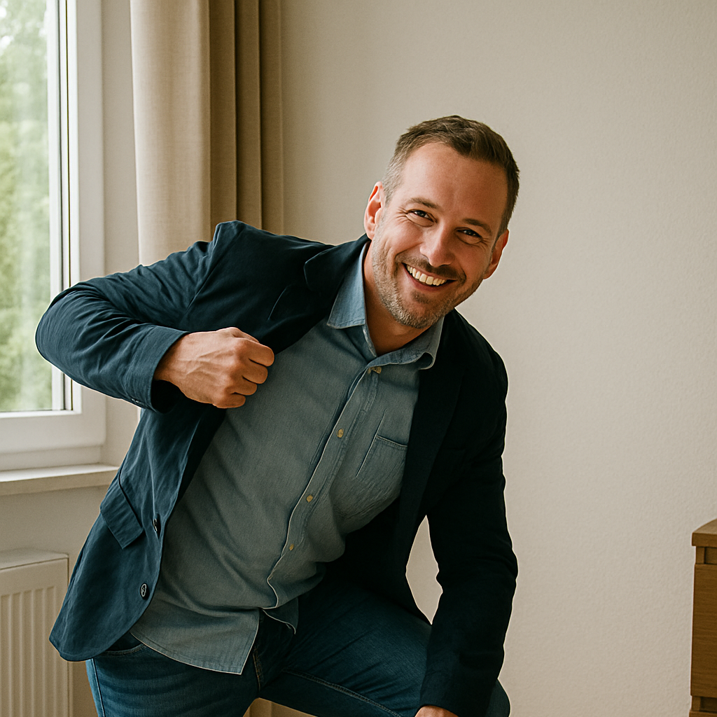 Coaching für Männer ab 40 Lächelnder Mann über 40, der Coaching für persönliche Entwicklung anbietet.